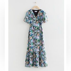 & Other Stories green/blue Flutter Sleeve Wrap Midi Dress, size 2.